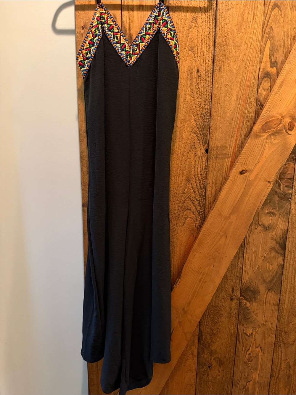 SHEIN Black Jumpsuit with Multicolor Embroidered V-Neck Trim
